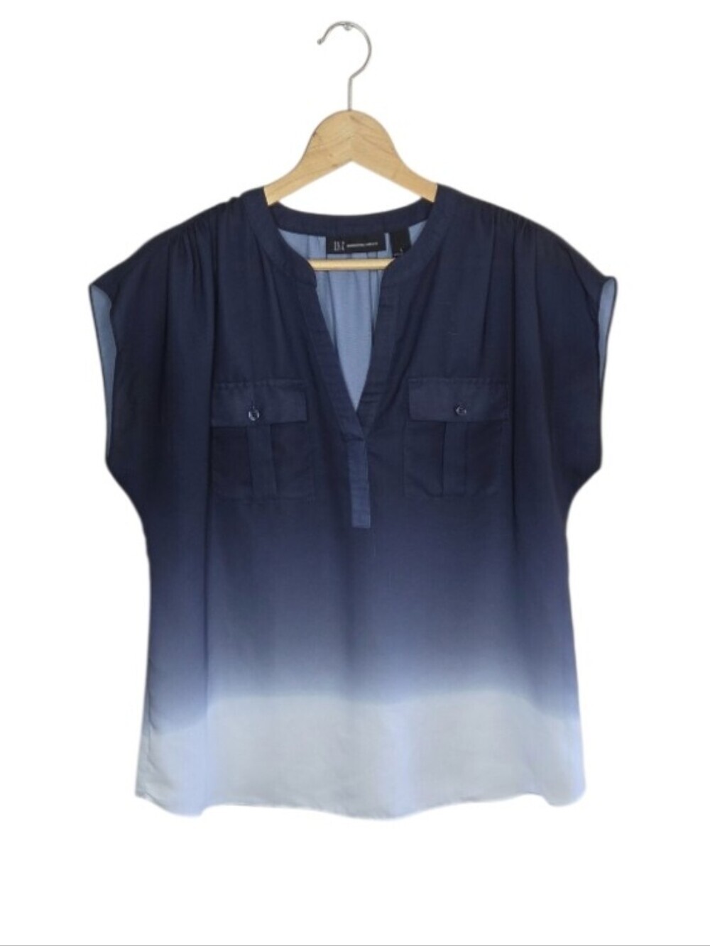 INC International Concepts Navy White Dip Dye Utility Cap Sleeve Blouse Large